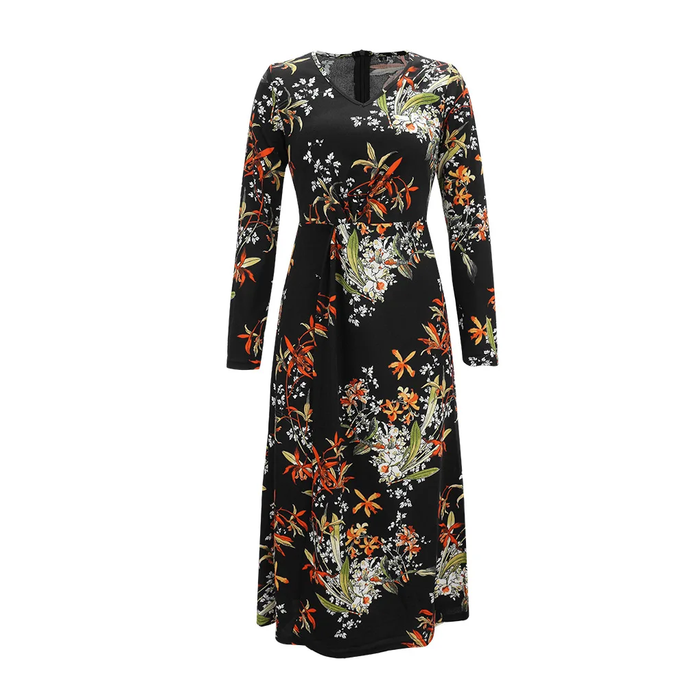 

ZOGAA 2019 Autumn Winter Women Dresses Casual Long Sleeve High Elastic Waist Floral Print Party Dress Female Black Navy Vestidos