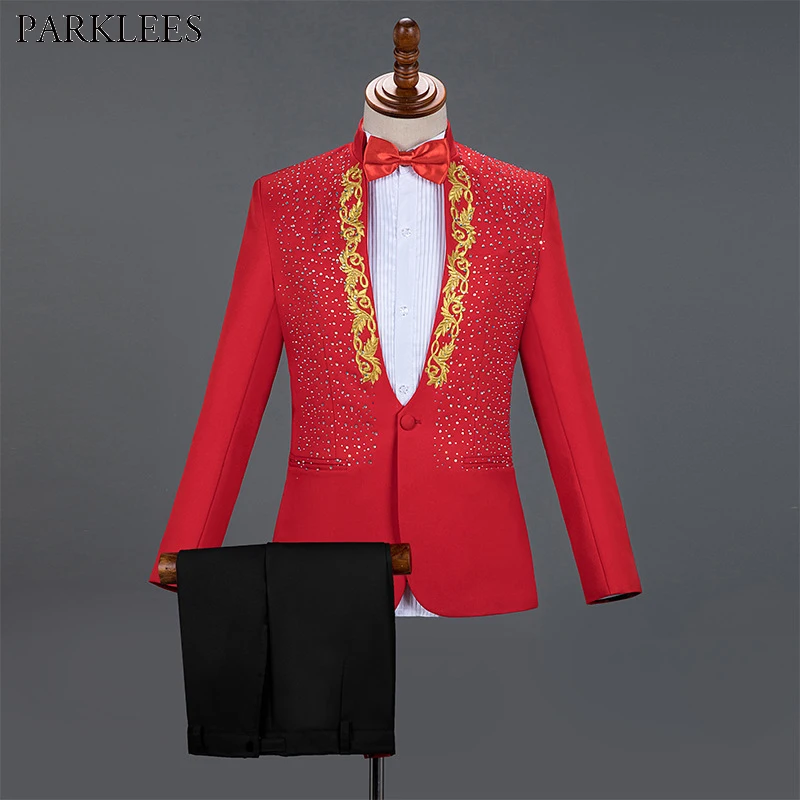

Red Men Suits for Wedding Gold Embroidered Diamond Groom Costume Mens Suits 2 Piece Party Prom Men Tuxedo Men Suit Set Masculino