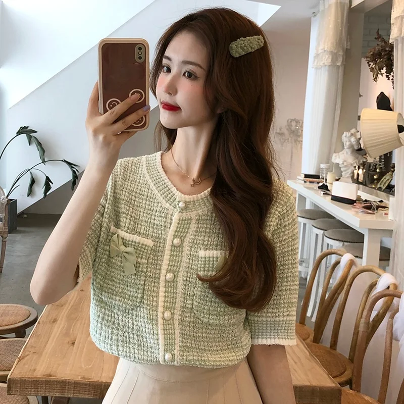 

Women Shirts Summer Thin Short Sleeve Chic 2021 New Ins Loose Bow Pockets Single-breasted Korean Fashion Knit Tops