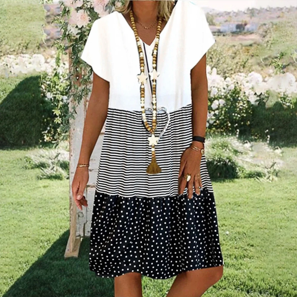 Женское платье в стиле бохо с V-образным вырезом горошек свободное до колен