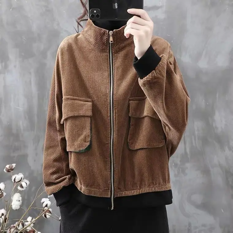 

Женская Вельветовая короткая куртка в стиле ретро, Свободный Топ с воротником-стойкой и карманами, Осень-зима 2021