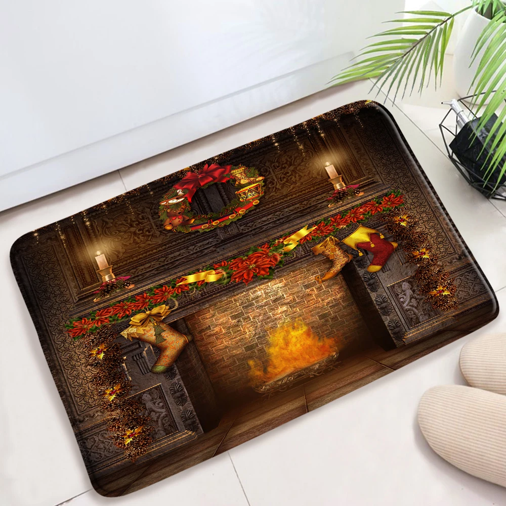 

Christmas Bath Mats Aesthetic 3D Xmas Ornament Wall Fireplace Room Entrance Door Mat Bathroom Mat Rug Floor Toilet Mat Carpet
