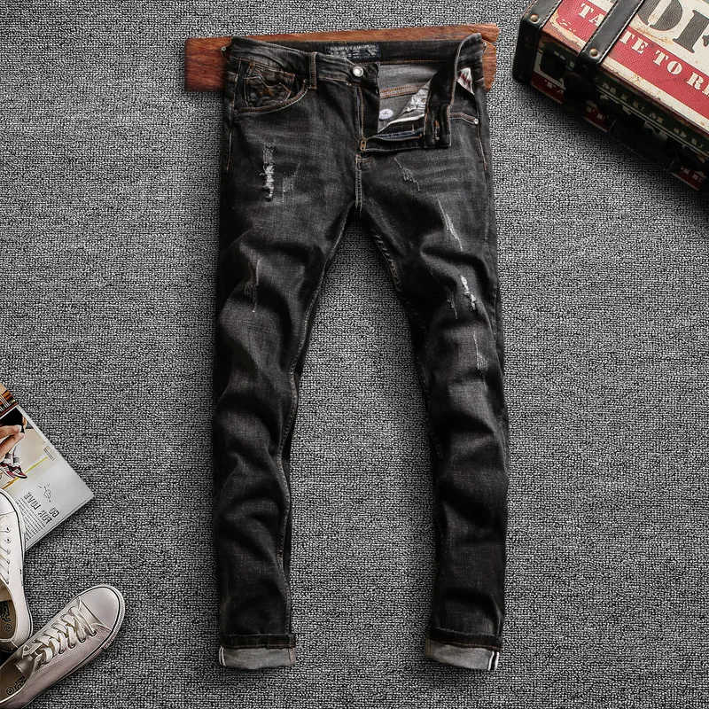 

Italian Style Fashion Men Jeans High Quality Retro Black Gray Elastic Slim Fit Ripped Denim Pants Vintage Designer Trousers