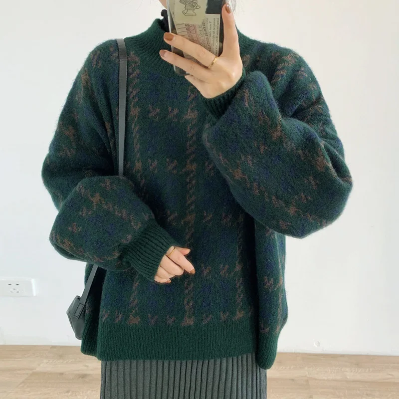 Женский винтажный свитер в клетку с рукавами-фонариками Свободный Вязаный топ