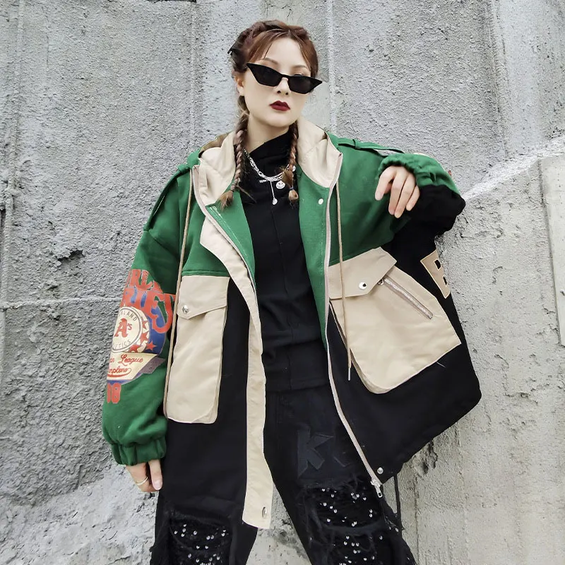 

Women Streetwear Winter Thicker Cotton Jacket Hooded Loose Letter Pattern Long Sleeve Jackets And Coats Female