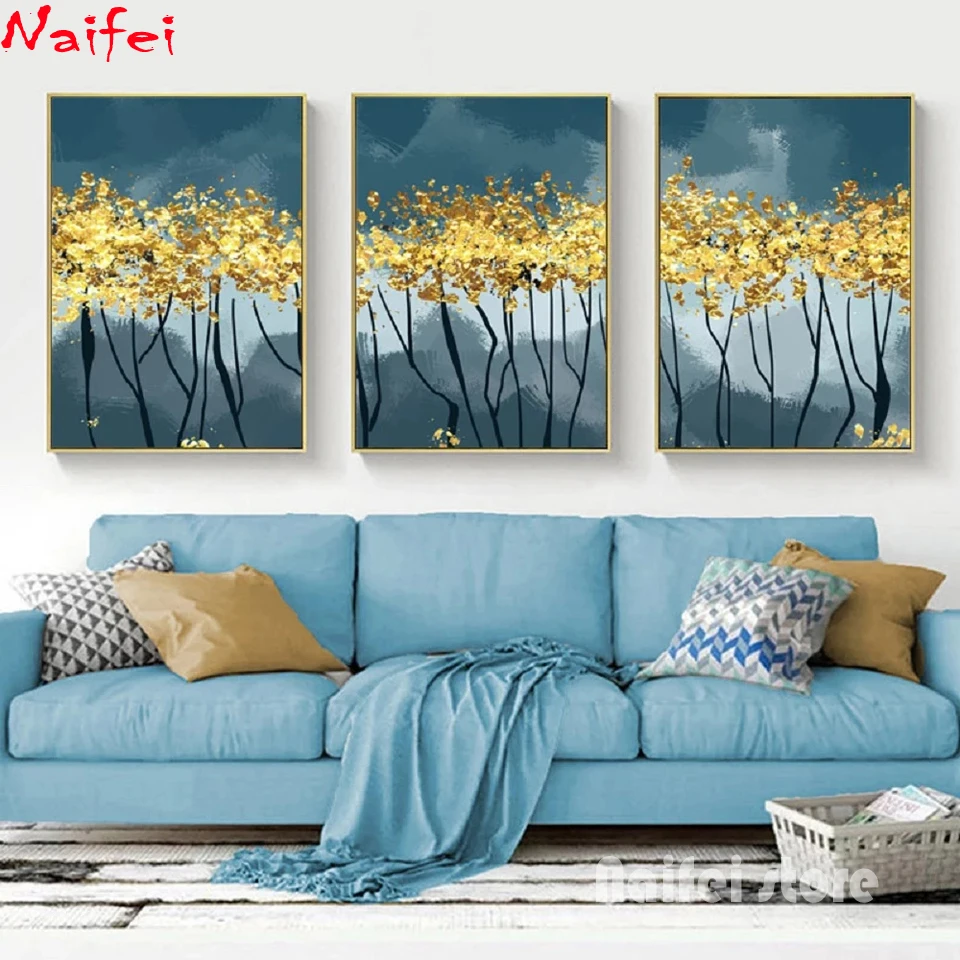 

5d diy diamond Painting 3 Pieces Golden Leaves Tree landscape full square round drill mosaic Cross stitch Home Decor needlework
