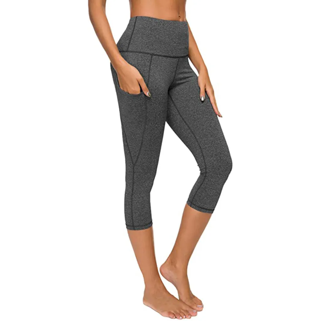 

Fitness Women Leggings Women Tight Elastic Quick Dry Fashion Solid Color High Waist Pocket Capris Seamless Yoga Pants Female