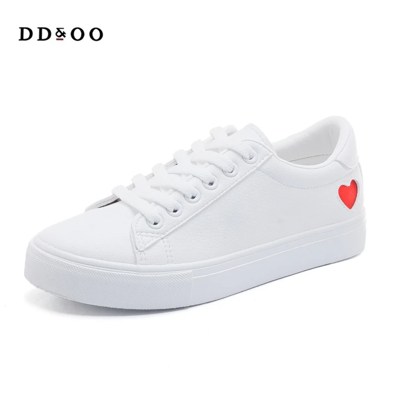 

Leather Woman Shoes Fashion New Woman PU Leather Shoes Ladies Breathable Cute Heart Flats Casual Shoes White Sneakers Fashion