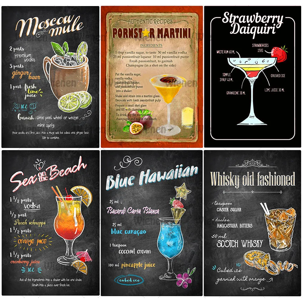 

Cocktail Metal Poster Whisky Old Fashioned Vintage Fresh Fruits Tin Signs Black Background Menu Pub Bar Wall Art Plate Home Deco