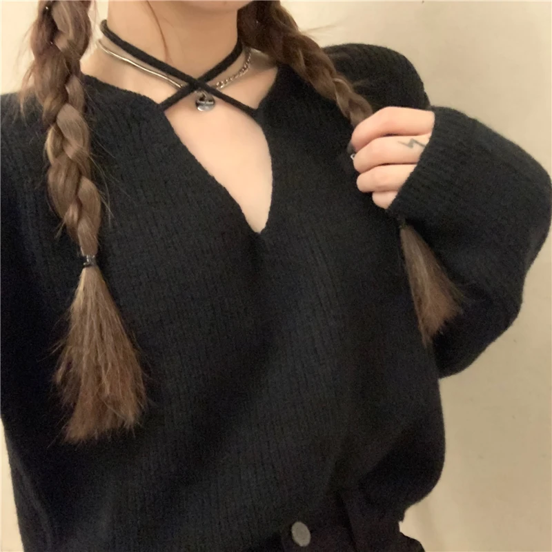 

Autumn Winter Fashion Korean Clothing V-neck Loose Pullovers Casual Bandage Long Sleeve Knitted Sweaters Women Solid Crop Tops