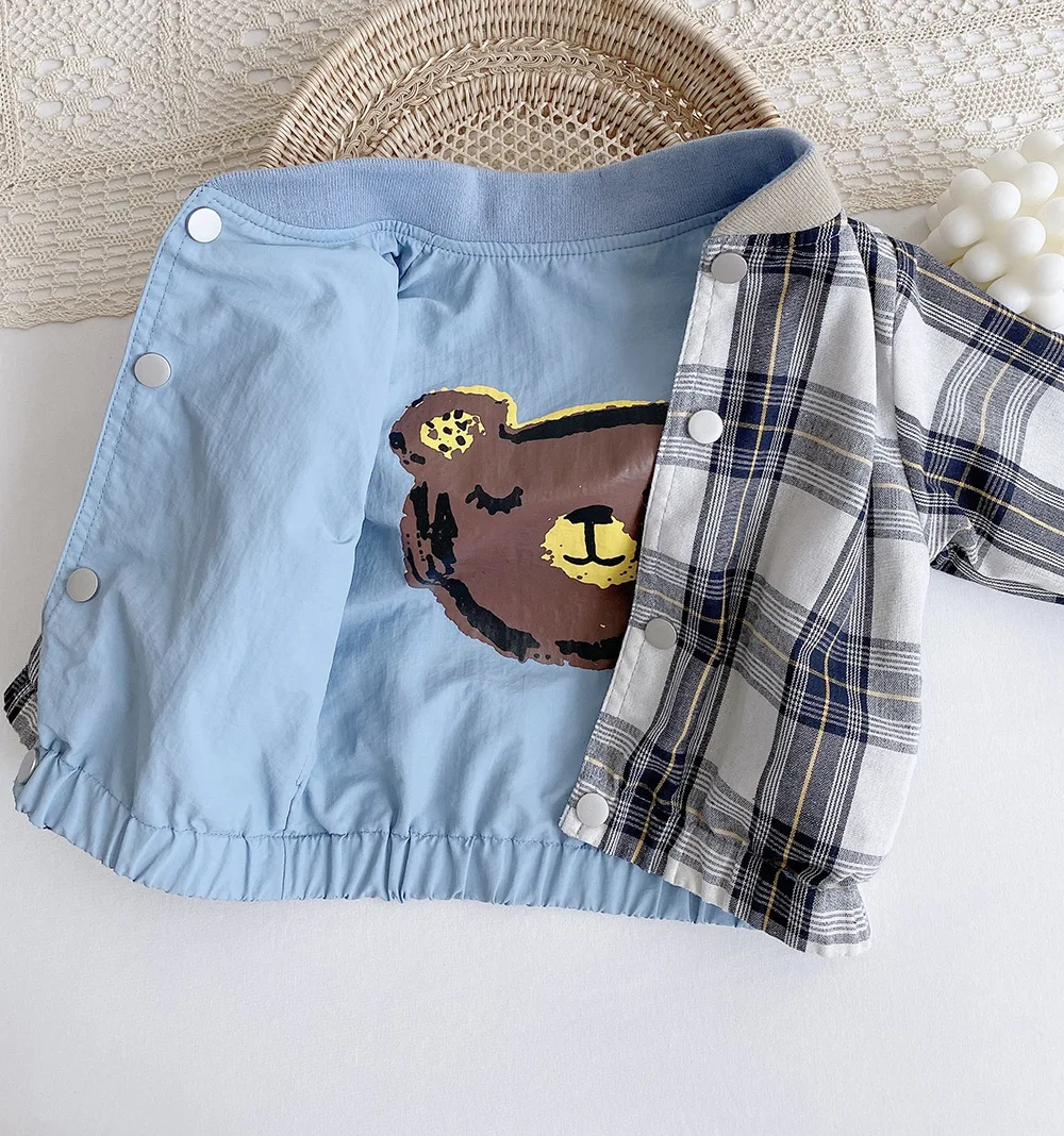 

Autumn Children's Double-Sided Baseball Uniform 2021 Spring Men's And Women's Baby Western-Style Jacket Plaid Cartoon Bear Top