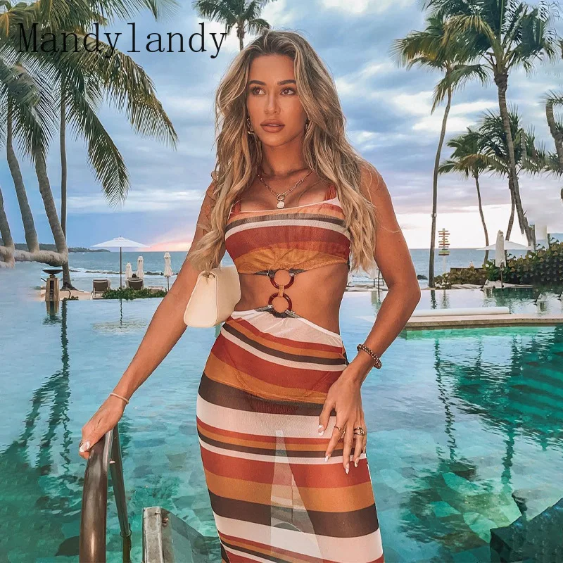 

Комплект пляжной юбки Mandylandy, женские сетчатые сексуальные длинные юбки, прозрачные укороченные топы, комплекты с полосатым принтом, комбин...