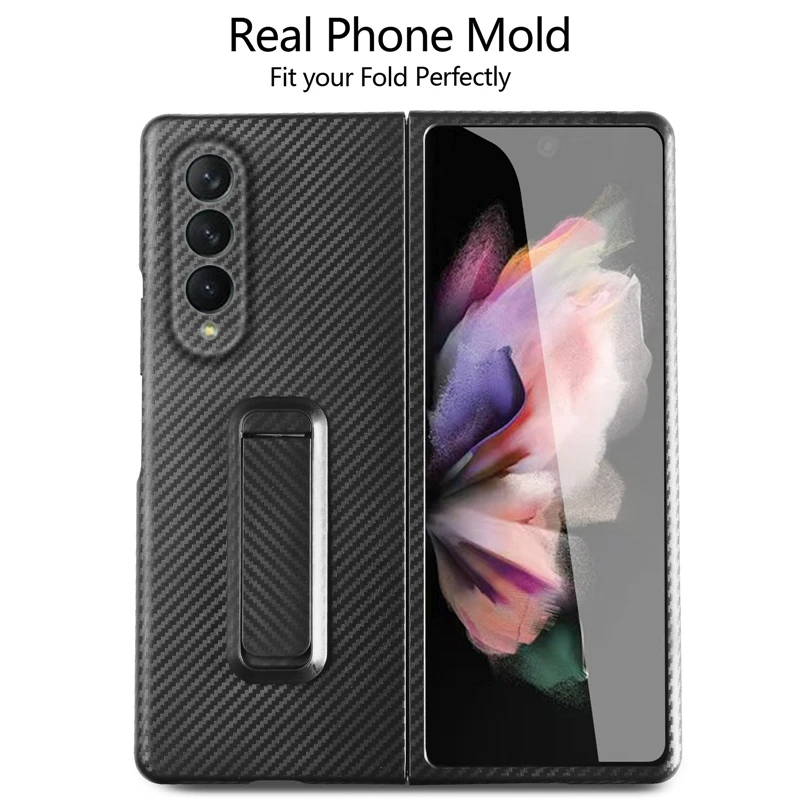for samsung galaxy z fold 3 case carbon fiber texture pc holder case with front glass screen protector for galaxy z fold3 5g free global shipping