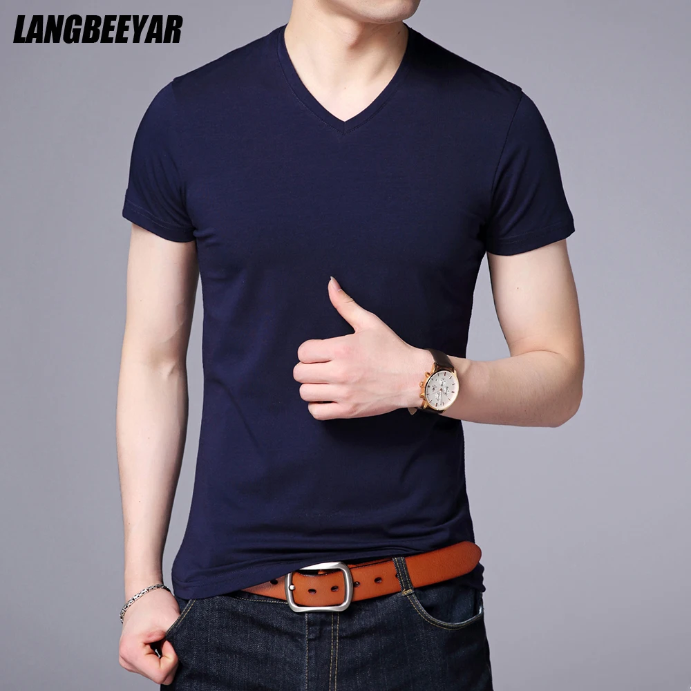 

2021 Summer Brand Tops 95% Cotton 5% Spandex t Shirt For Men v Neck Plain Solid Color Short Sleeve Casual Fashion Mens Clothes