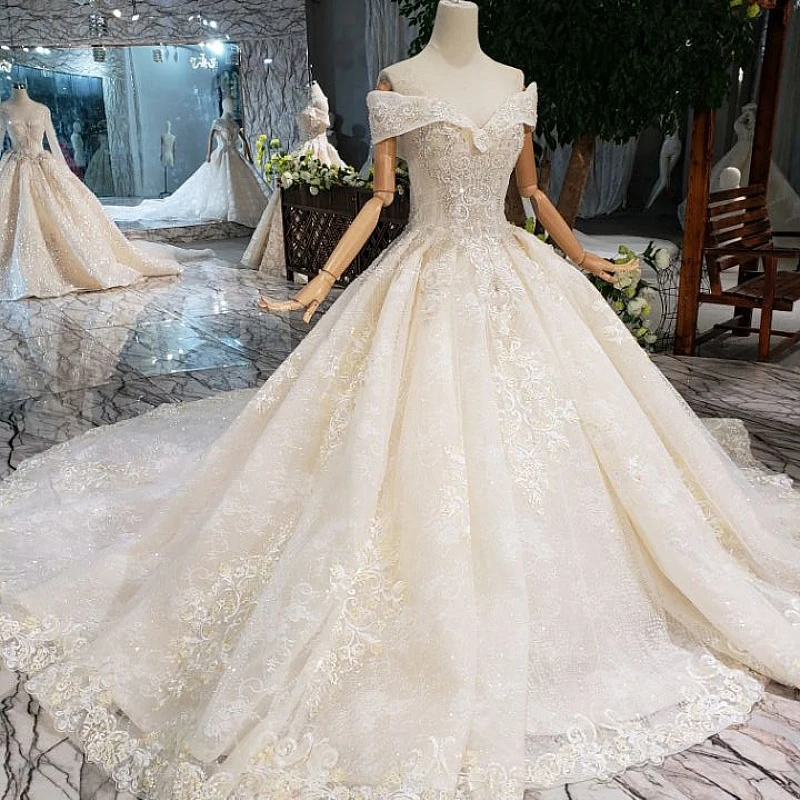 AnXin SH Luxury princess flower white lace beading crystal illusion boat neck lace up champagne wedding dress 100% real photo