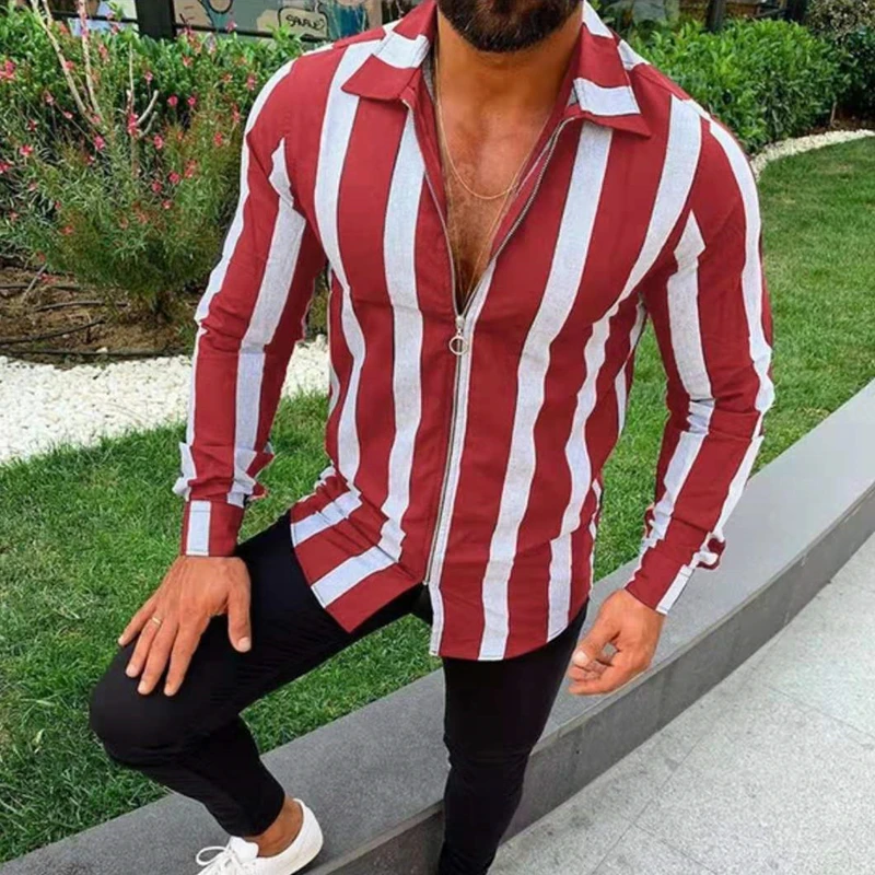

Fashion Striped Shirts Men Long Sleeve Zippers Turn-down Collar Streetwear New Fitness Outerwear Chic Mens Shirt
