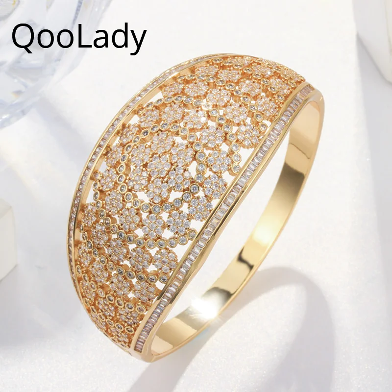 

QooLady Statement White Stone Cubic Zircon Large Wide Yellow Gold Cuff Bangles Wedding Party for Women Jewelry Accessories K007