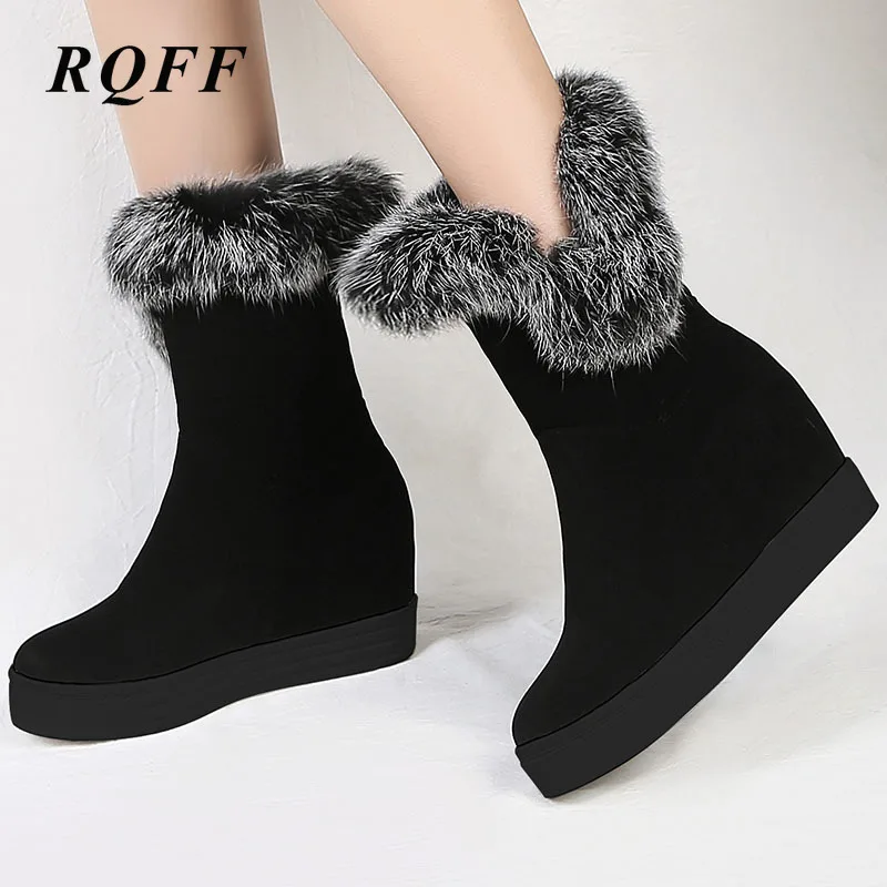 2019 г. Новые осенне зимние ботильоны на танкетке женские ботинки кроличьем меху
