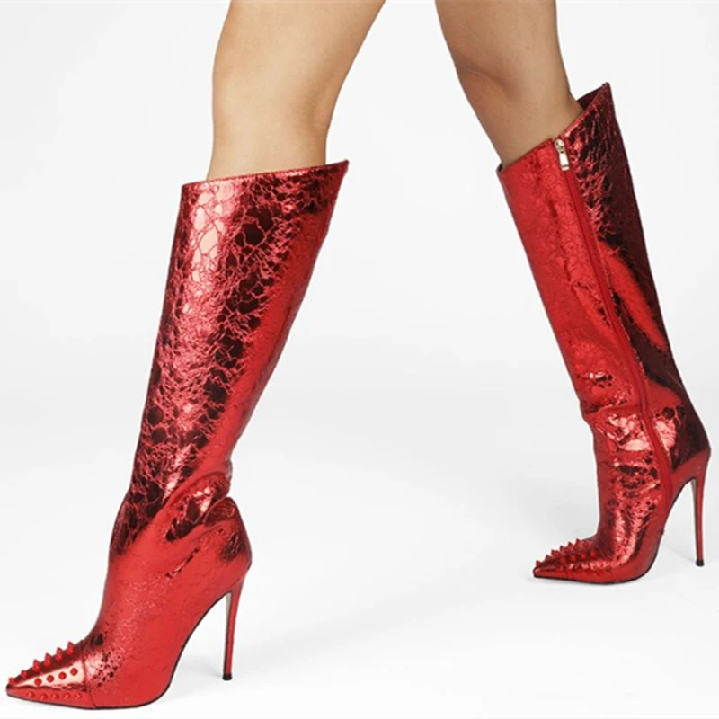 Women Boots Reflective Crack Leather Upper High Heel Boots Fashion Rivets Pointy Toe Plus Size 47