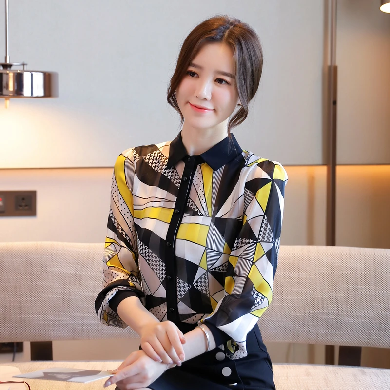 

Chiffon Women's Blouse Polo Girl's Shirt Spring Autumn Fashion Long Sleeve Top Korean Casual Clothing Print Lady Blusas Houthion