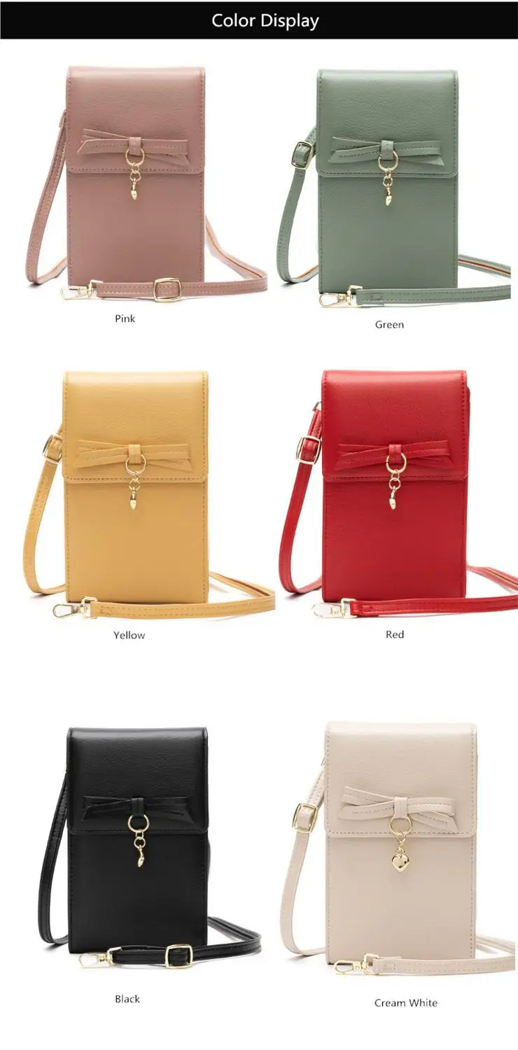 

Fengdong women mini shoulder bag small crossbody mobile phone bag 6.5'' cute bowknot money bag PU leather portable card holder