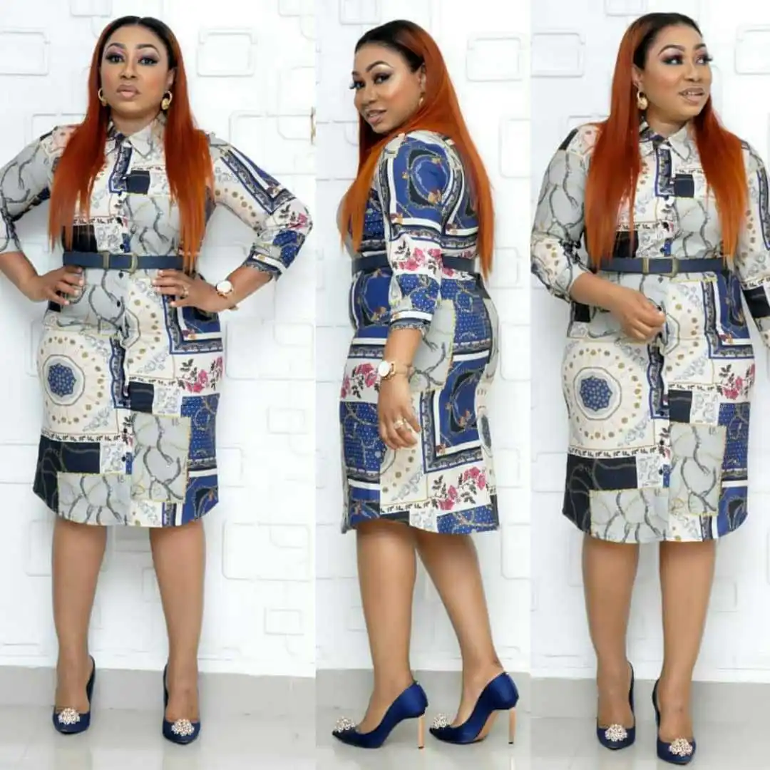 2019 платье с Африканским принтом юбка воротником рубашкой высококачественная