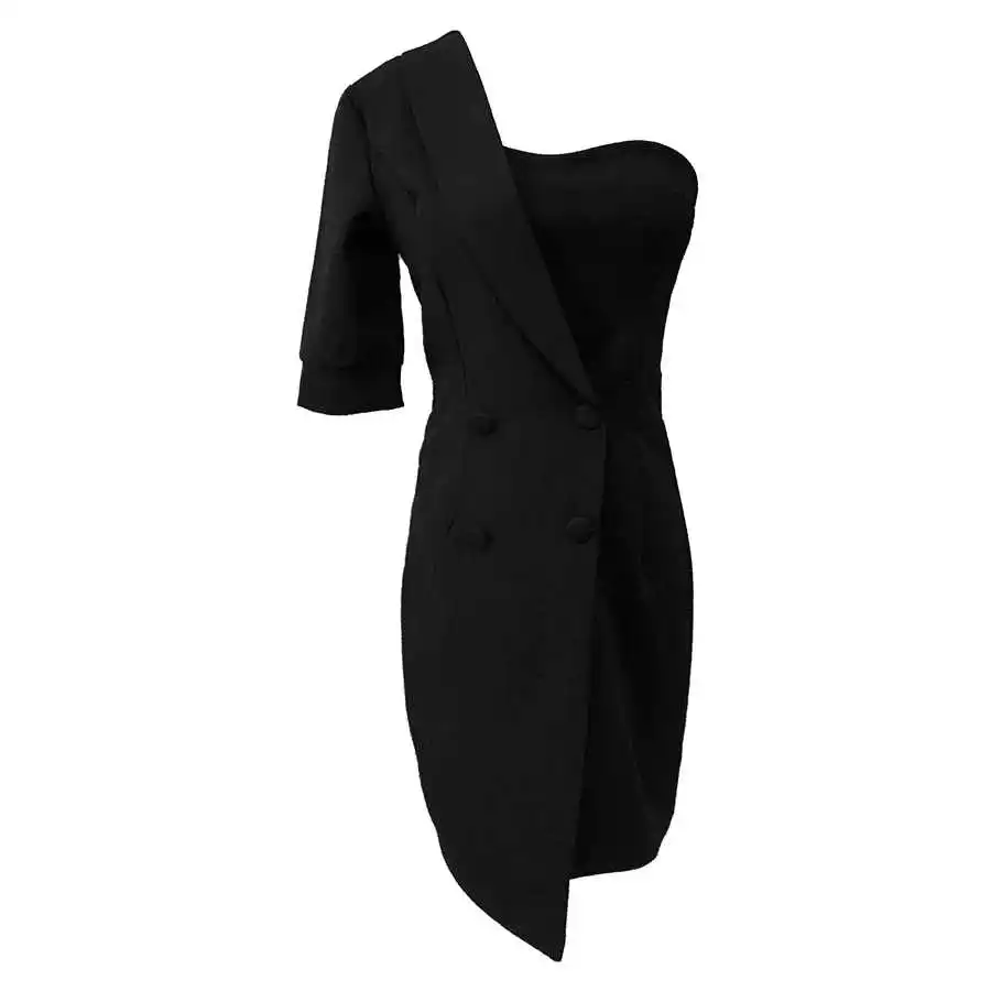 

Women Sexy Irregular Black Mini Dress Ladies Office Elegant Double Breasted Slim Strapless Dresses Casual High Waist Vestidos OL