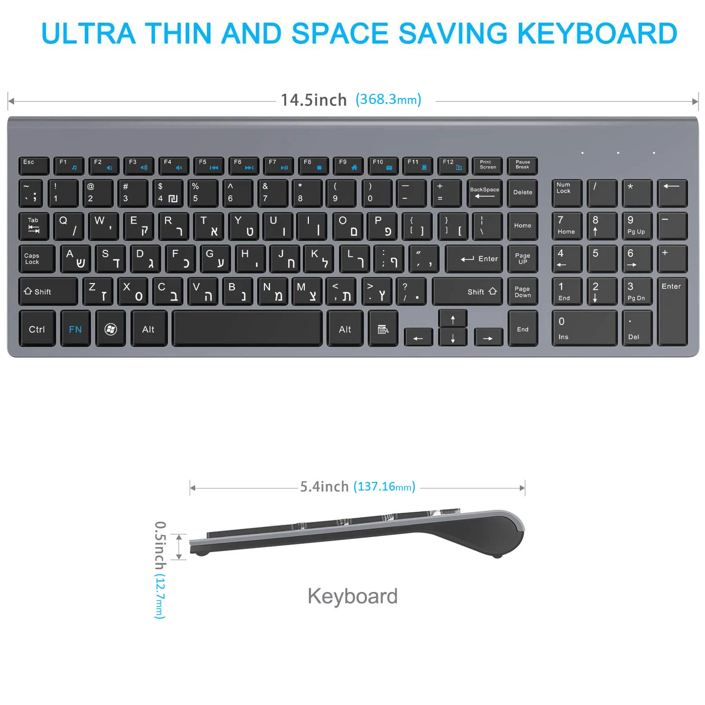 Иврит Английский персонажей низкий уровень шума 101 ключи тонкая беспроводная