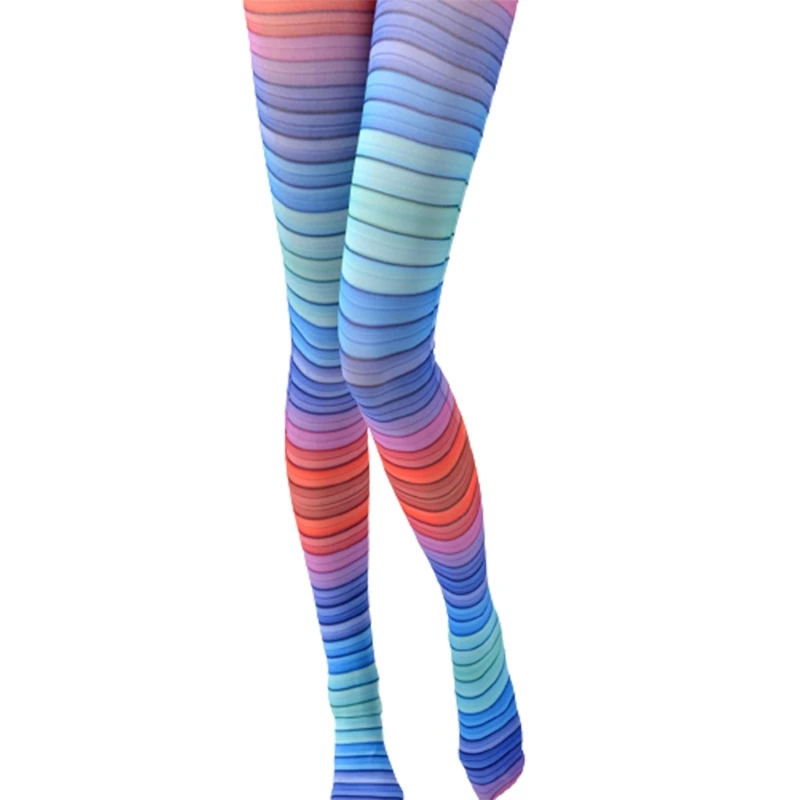 

Women Gradient Rainbow Striped Printed Pantyhose Harajuku Colorful Patterned Skinny Leggings Jacquard Footed Tights