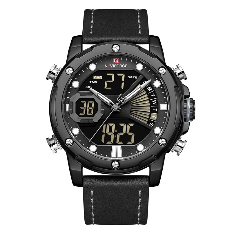 Black White Мужские часы NAVIFORCE модные спортивные кварцевые часы мужские кожаные водонепроницаемые наручные часы светодиодный Аналоговый Цифровой Часы Relogio Masculino - Цвет: Black White