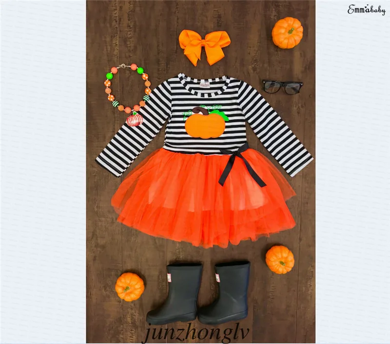 Модные Детские платья для девочек кружевные с длинным рукавом и принтом тыквы