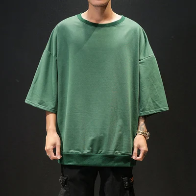 green Хлопковые мужские футболки, мужские футболки с рукавом три четверти и круглым вырезом, одноцветные футболки, мужские свободные классические базовые футболки, повседневные мужские Топы И Футболки - Цвет: green