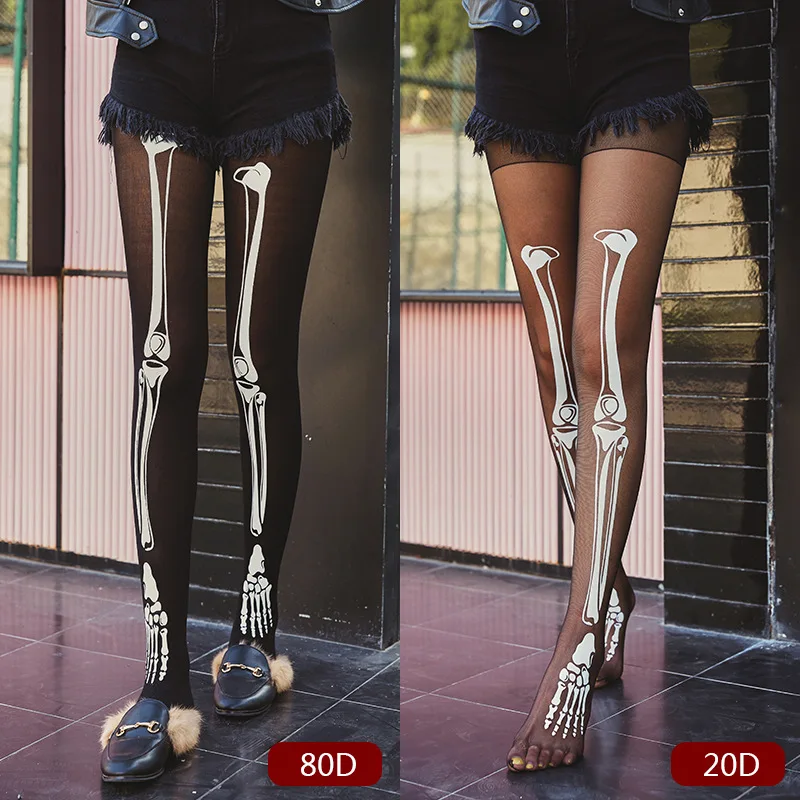 

Winter Sexy Black Pantyhose 2020 Women's Lingeries Cute Cartoon White Bone Print Single Side Gears Slim Female Tights Leggings