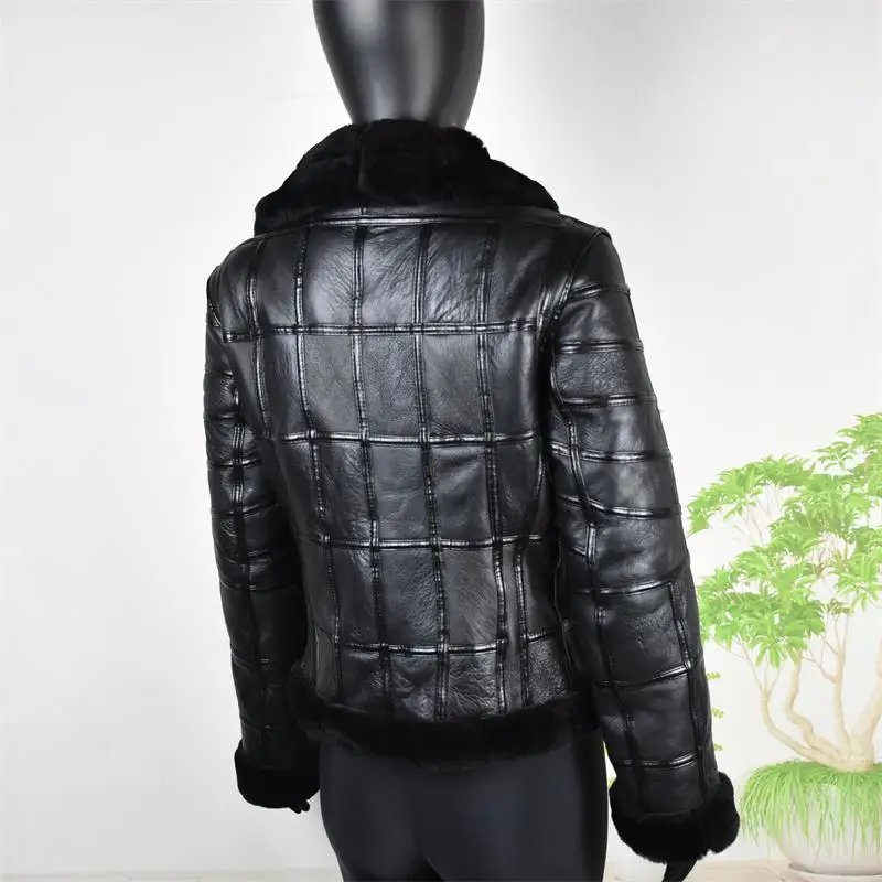 Real Sheep Skin Fur Splicing Autumn Winter Tops Warm Leather Coat Women Vest New Fashion Motorcycle Clothing Sheepskin Crop top