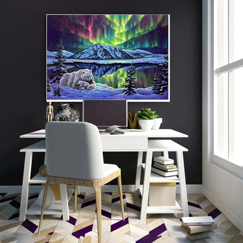 Алмазная вышивка с изображением белого медведя полярного сияния Декор для дома