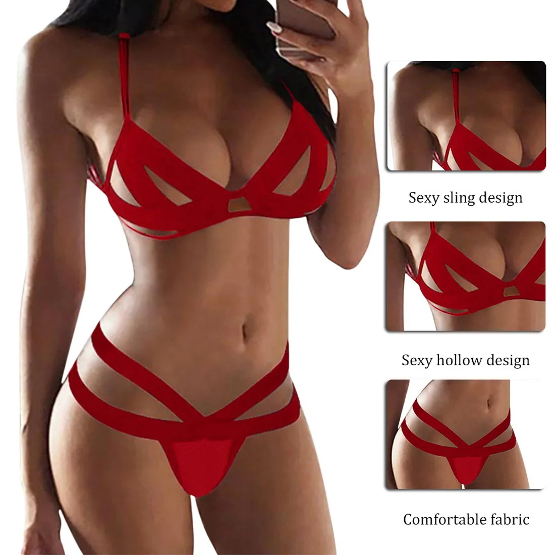 

Uefezo Sexy See Through Lingerie Women Underwear Set Bra Set String Transparent Bandage Hollow Out Female Bra and Party Set