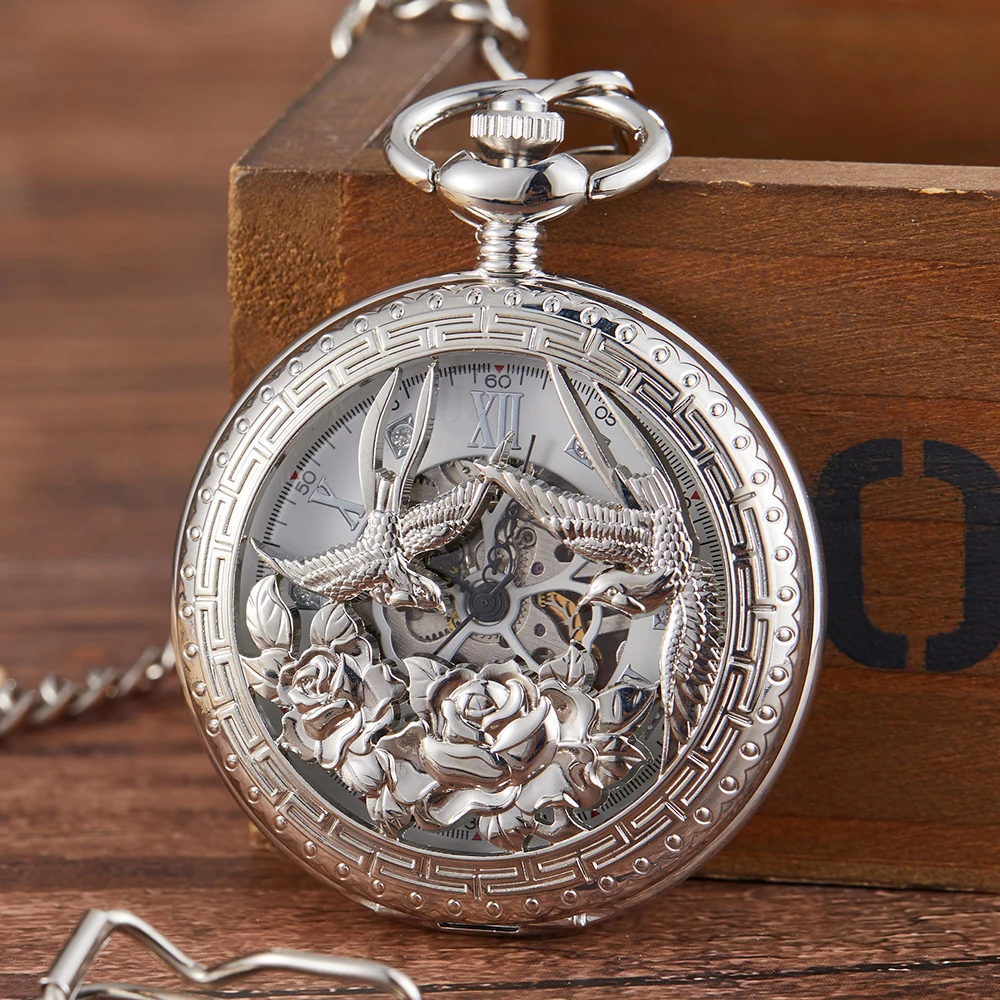 2022 Gold Phoenix Mechanical Pocket Watch Men Women Rose Hollow Steampunk Chain Double Clock Roman Dial Silver Necklace Pendant