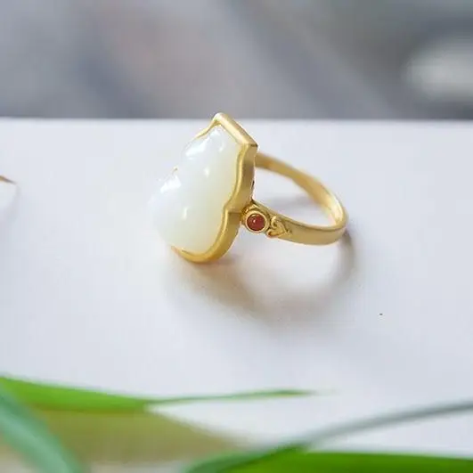

Hetian Jade White Jade Gourd Ring S925 Sterling Silver Ancient Inlaid Jade Gourd Open Ring Gold Inlaid with Jade Ring for Women