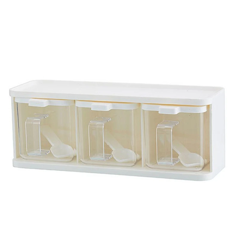 

Three grid seasoning box dual-use transparent seasoning box with handle pull spoon solid dustproof seasoning jar