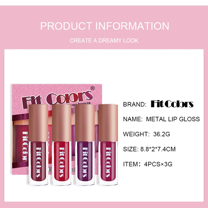 

4 Pcs/set Metallic Colors Lip Gloss Pearly Diamond Long Lasting Waterproof Not Stick Cup Lip Gloss Lip Makeup Cosmetic TSLM1