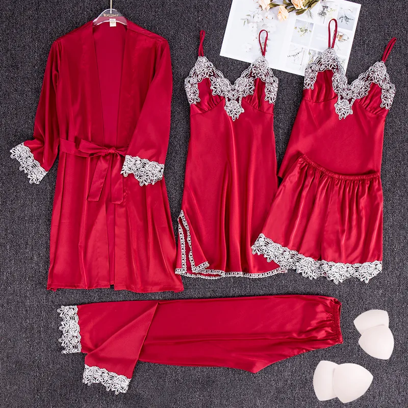 

Red 5pcs Women Pajamas Set Sleepwear Satin Lace Trim Nightgown Homedress Sexy Sleep Suit With Belt Casual Bathrobe Nightdress