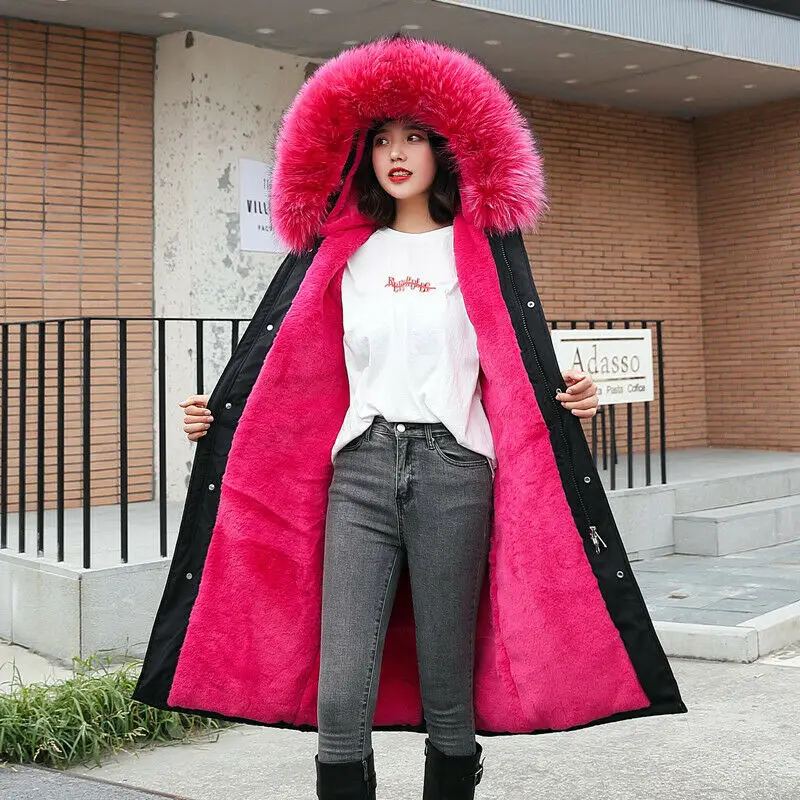

2019 New Women Fur Lining Warm Faux Fur Collar Detachable Hooded Overcoat Snow Parka Winter Coat Jacket Outwear