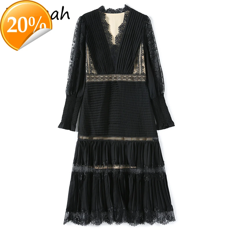 

Spring Women Fashion Runway Party Midi dress Lateral sleeve Tip hollow High waist Elegant ladies A-line clothes