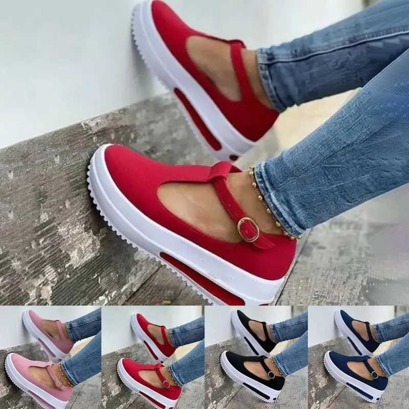 

2021 Summer Casual Shoes for Women Flock Buckle Strap Woman Sneakers Female Platform Wedge Shoes Female Thick Bottom Flats