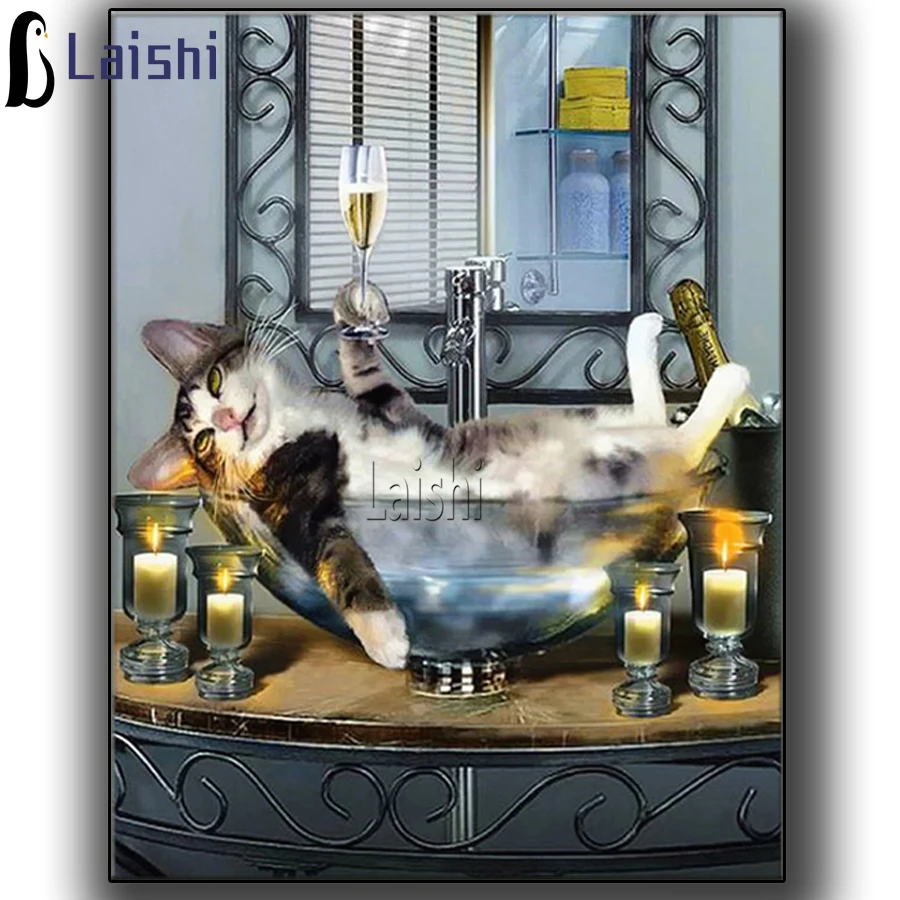 

New Arrival 5D Diamond Painting Lazy cat, enjoy life Mosaic Bathroom Full Square Round Diamond Embroidery Animal Home Decor Gift