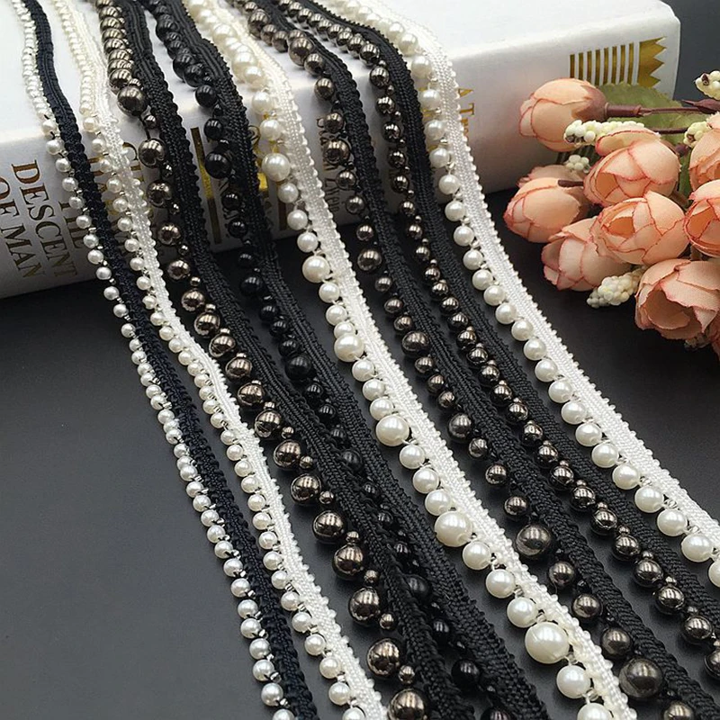 

10yards Fashion Pearl Beaded Lace Trim Tape Lace Ribbon Hand-stitched Wedding Dress Skirts Collar Neckline DIY Sewing Decoration