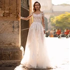 Модное Тюлевое свадебное платье трапециевидной формы с глубоким вырезом и длинным рукавом, кружевное платье невесты с аппликацией