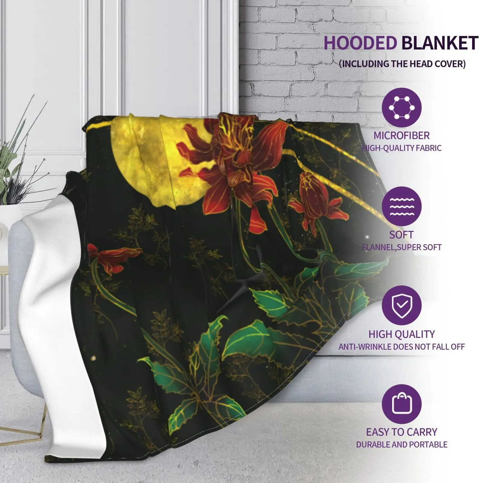 

Customizable Microfiber Plush Coral Fleece Sherpa Blanket Dark Flower Moon Warm Outdoor Hoodie Adult Kids Winter Hooded Blankets