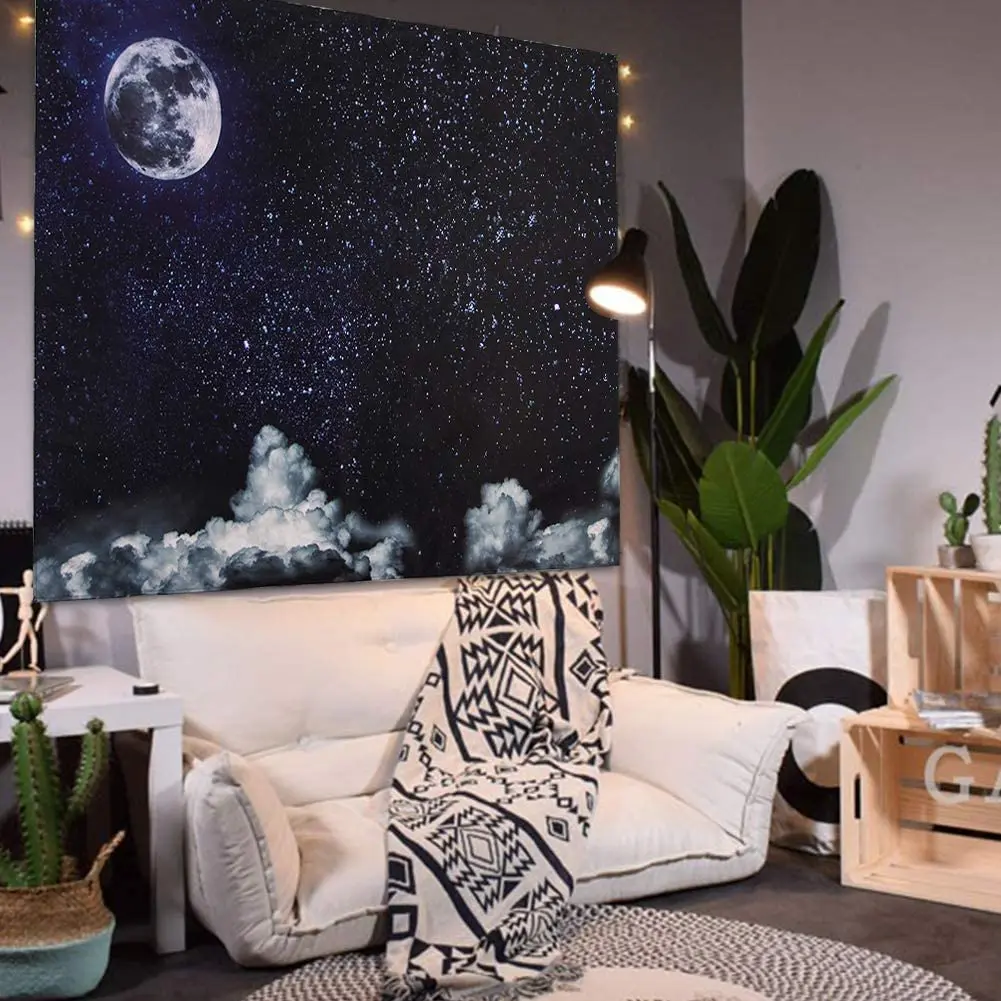 

Moon Stars Wall Hanging Outer Space Galaxy Tapestry Night Sky With White Cloud Home Home Decoration Accessories For Living Room