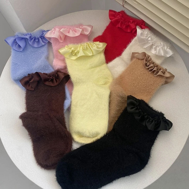 

Japanese Women Girls Winter Fuzzy Short Ankle Socks Sweet Candy Color Satin Ruffled Trim Lolita Kawaii Furry Velvet Thicken Warm